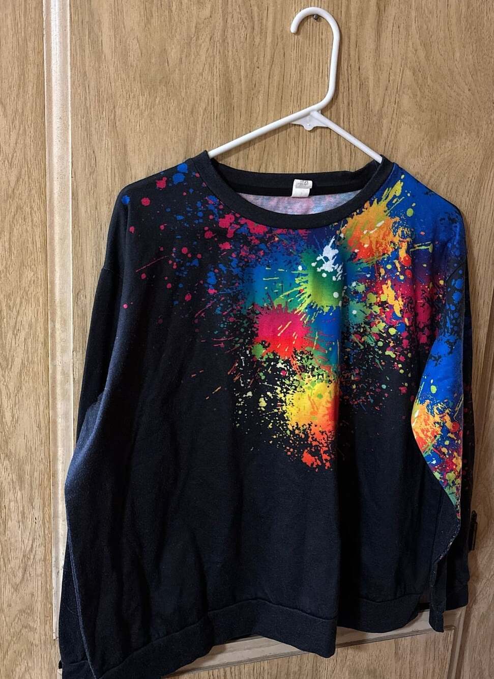 Pixie Lady Colorful Paint Splatter Drop Shoulder Sweatshirt Black XL